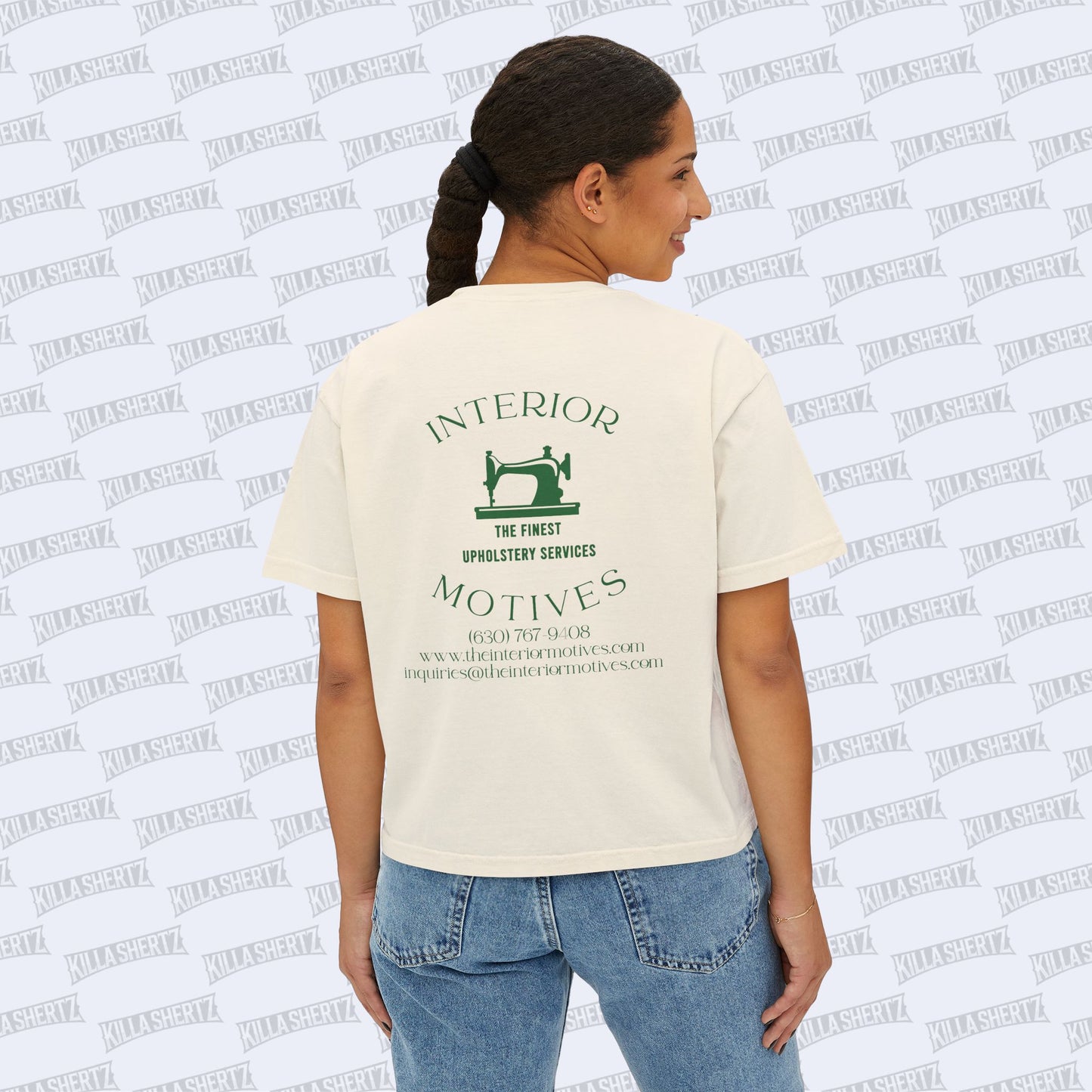 Interior Motives - Green Logo Garment Dyed Women's Boxy Tee - Female Model - Back