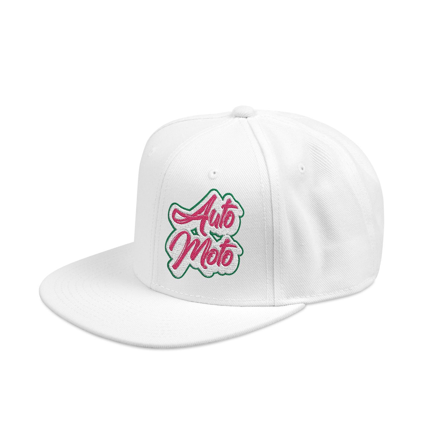 AUTO MOTO - Hand Drawn Retro Color Logo White Snapback Hat | Embroidered Racing Cap