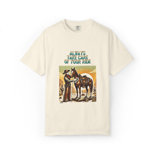 Killa Shertz x Auto Moto - Arts Collection Always Take Care of Your Ride Western Unisex Garment Dyed T-Shirt