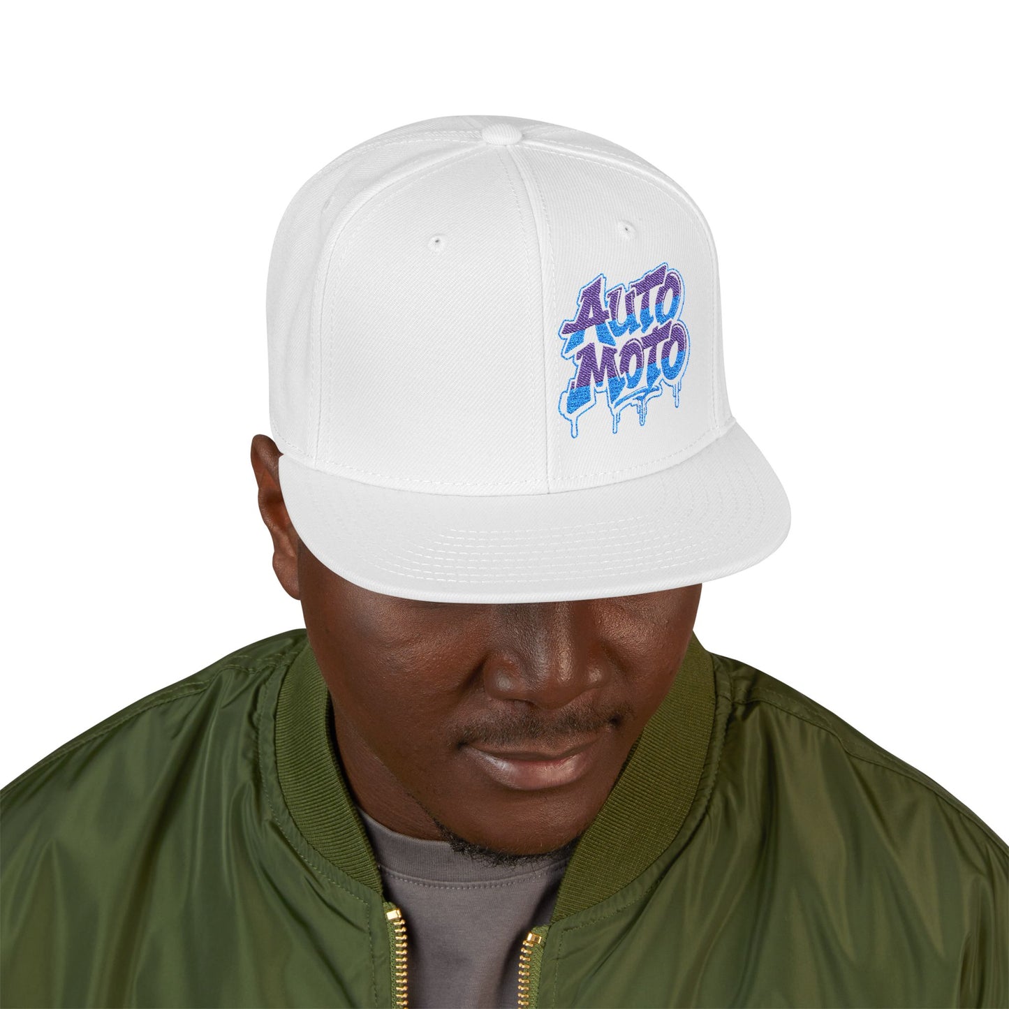 AUTOMOTO Graffiti Logo White Snapback Hat | Embroidered Racing Cap