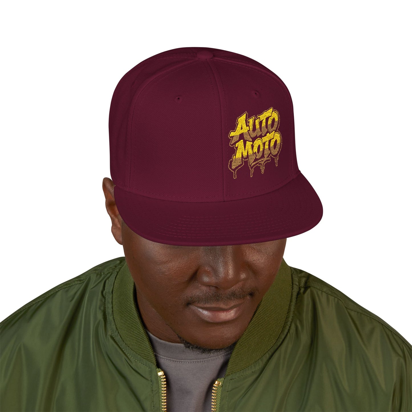 AUTOMOTO Graffiti Logo Maroon Snapback Hat | Embroidered Racing Cap