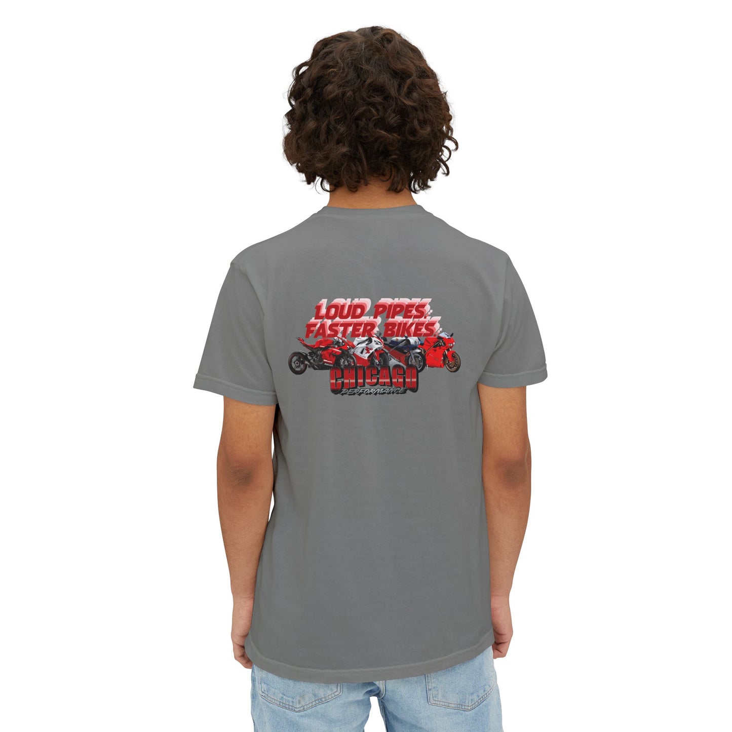 Chicago Performance - "Loud Pipes, Faster Bikes" Garment-Dyed Pocket T-Shirt