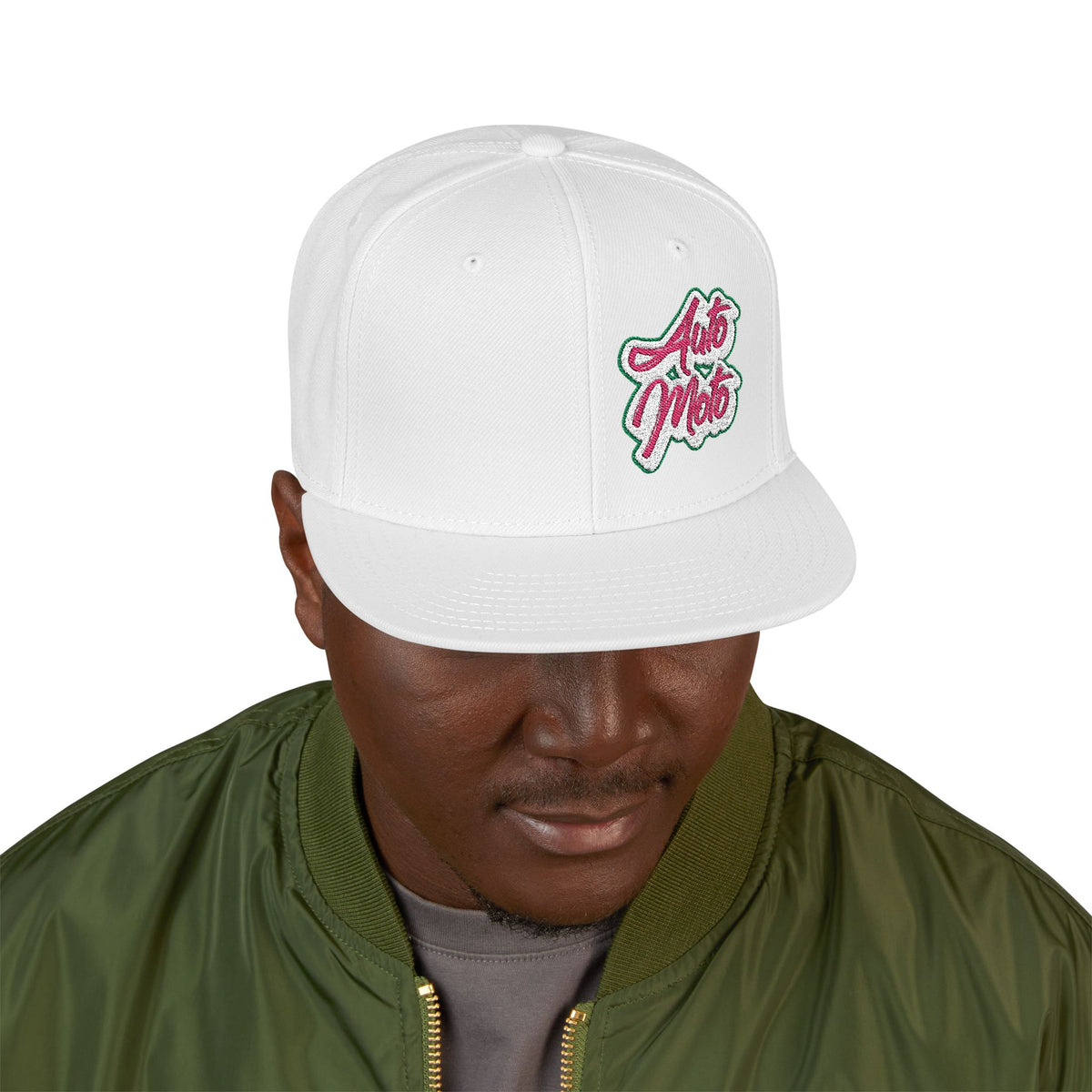 AUTO MOTO - Hand Drawn Retro Color Logo White Snapback Hat | Embroidered Racing Cap