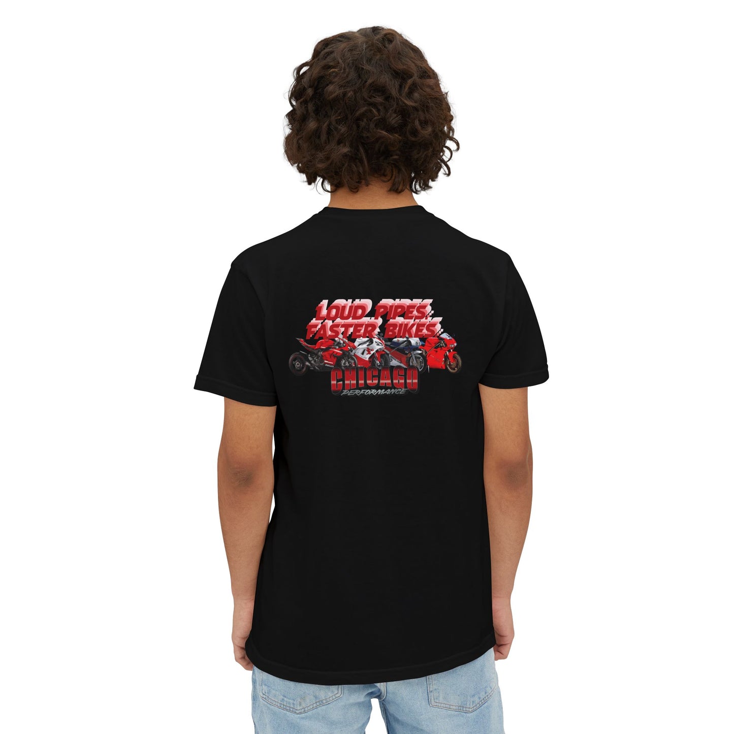 Chicago Performance - "Loud Pipes, Faster Bikes" Garment-Dyed Pocket T-Shirt