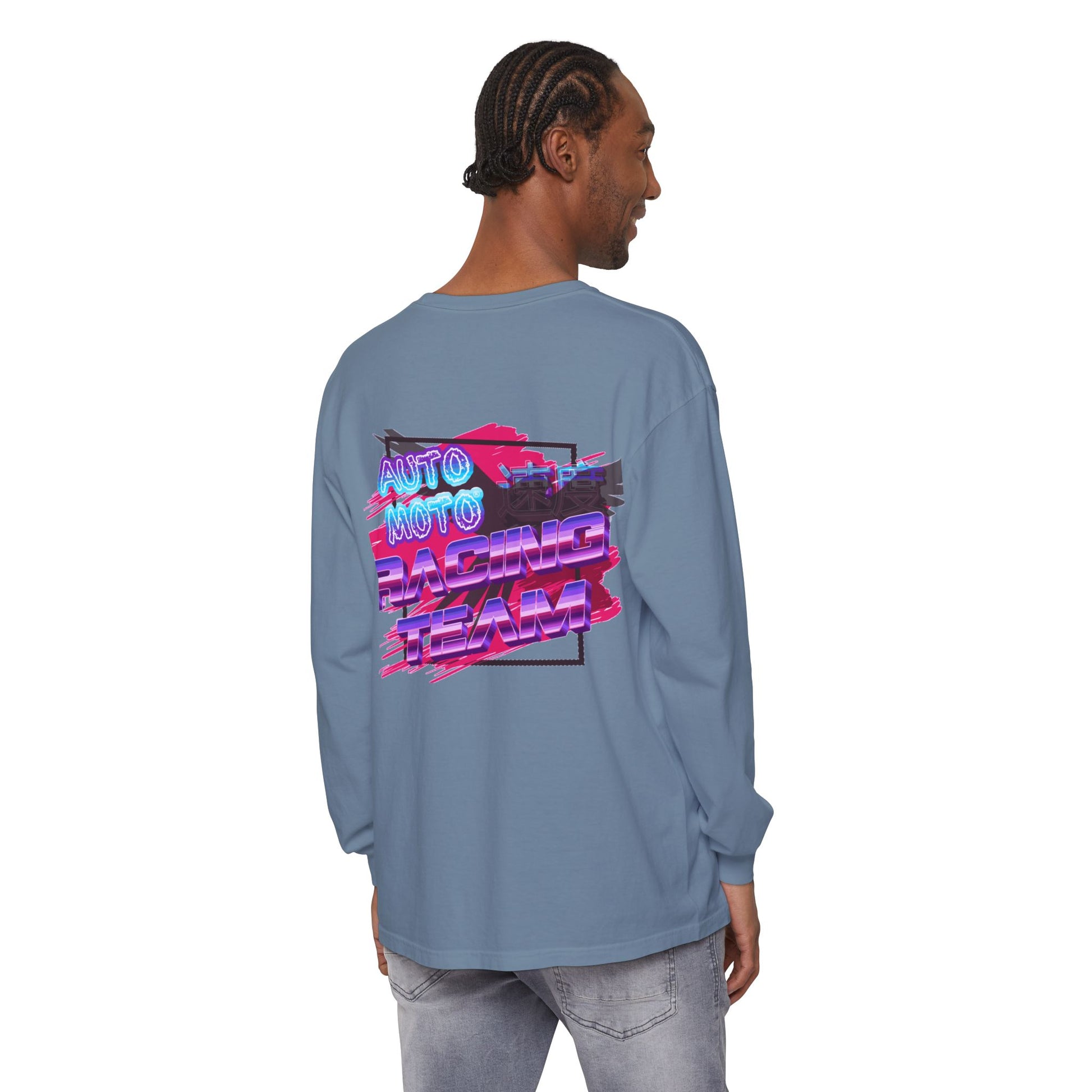 AUTO MOTO - Racing Team Garment Dyed Long Sleeve T-Shirt - back - Blue Jean on male model