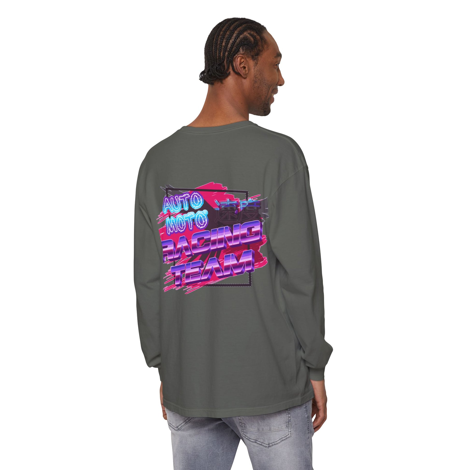 AUTO MOTO - Racing Team Garment Dyed Long Sleeve T-Shirt - back - Pepper on male model