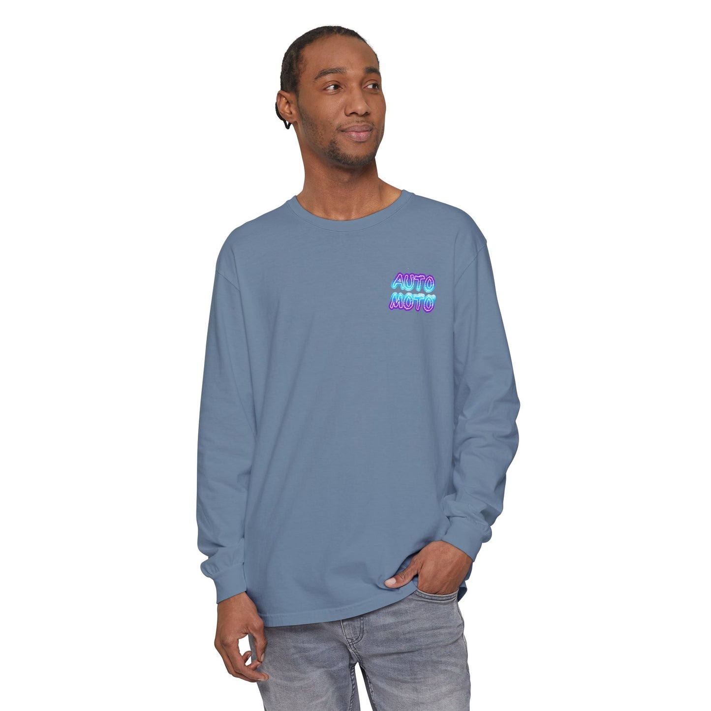 AUTO MOTO - Racing Team Garment Dyed Long Sleeve T-Shirt - front - Blue Jean on male model