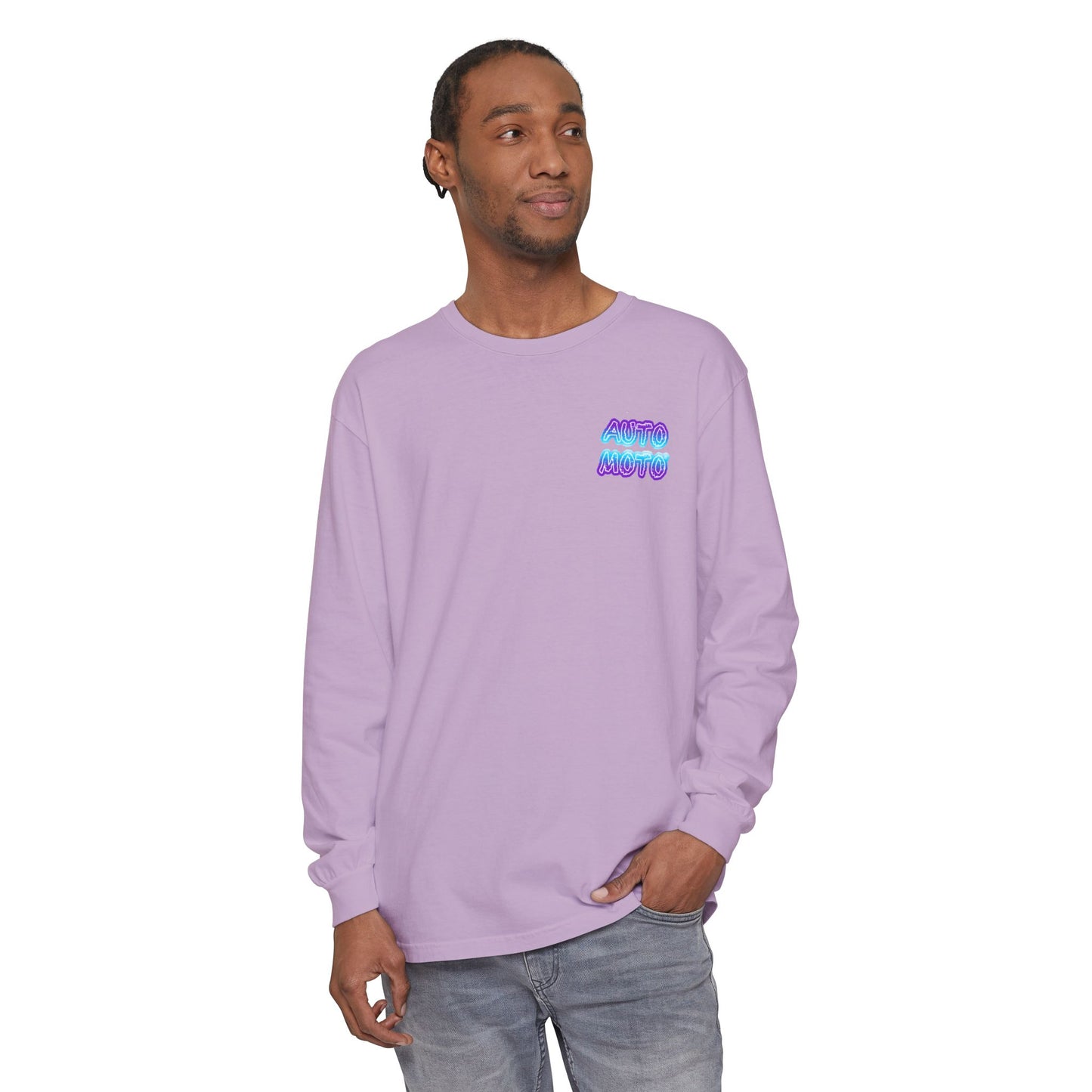 AUTO MOTO - Racing Team Garment Dyed Long Sleeve T-Shirt - front - Orchid on a male model