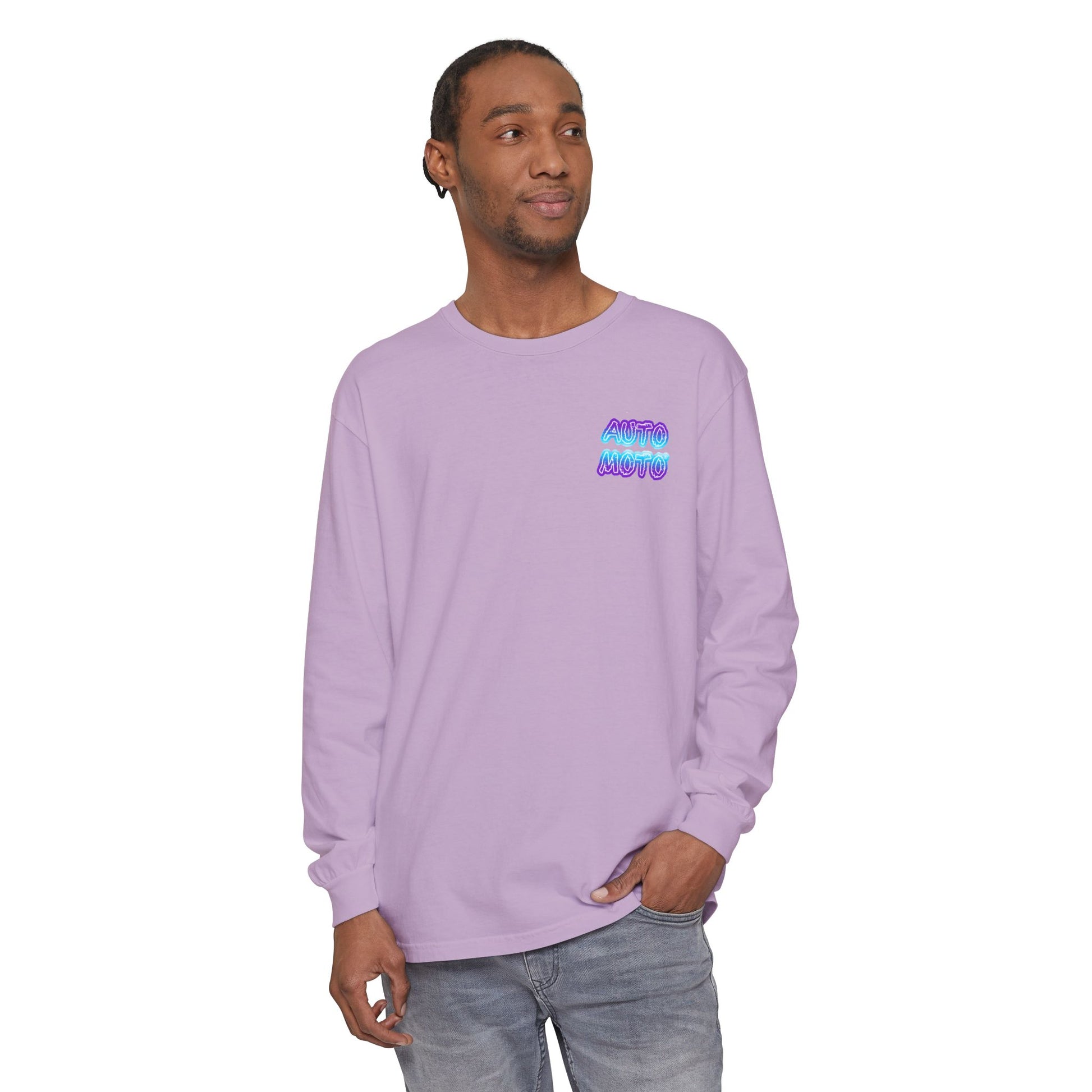 AUTO MOTO - Racing Team Garment Dyed Long Sleeve T-Shirt - front - Orchid on a male model