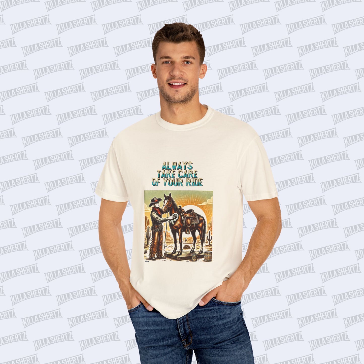 Killa Shertz x Auto Moto - Arts Collection Always Take Care of Your Ride Western Unisex Garment Dyed T-Shirt Male Model